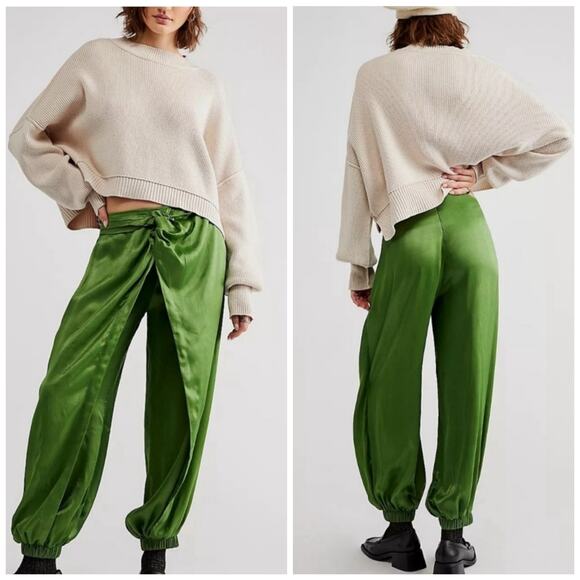 NWT Free People x Brenda Knight Emerald Green Satin Sarong Pants $220 Large - Picture 1 of 10
